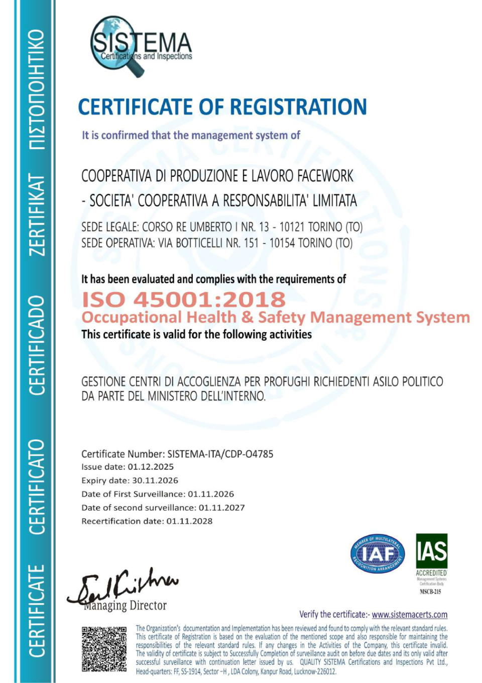 Certificado original FACEWORK ISO 45001:2018 , número SISTEMA-ITA/CDP-O4785 , página completa.