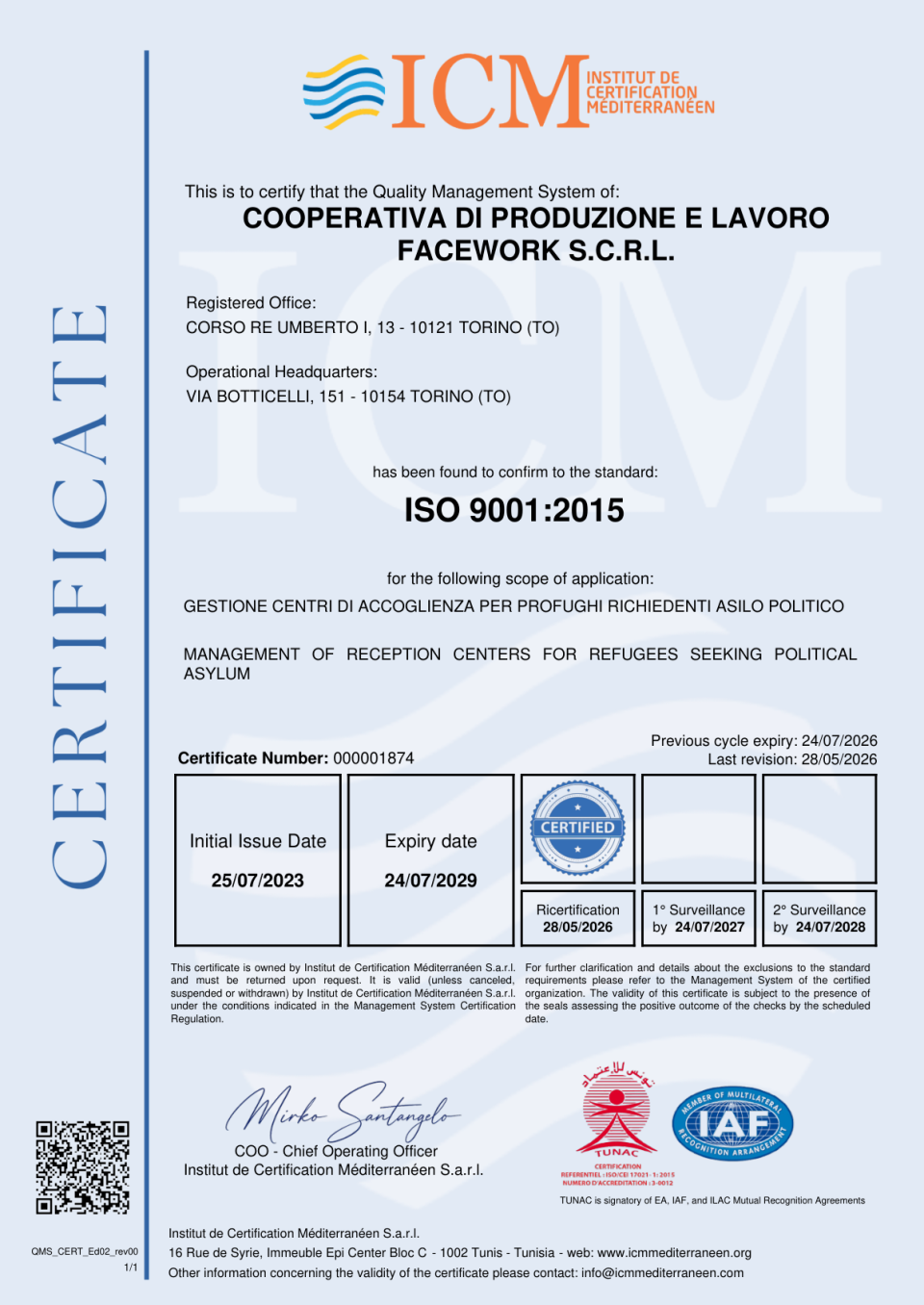 Original FACEWORK ISO 9001:2015 certificate, number 000001874 , full page.