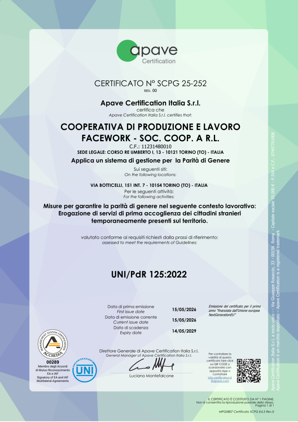 Original certificate FACEWORK UNI/PdR 125:2022 , number SCPG 25-252 , full page.