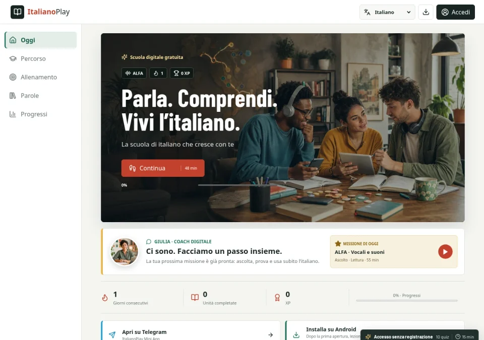 Interfaccia di ItalianoPlay, schermata iniziale senza un account personale collegato
