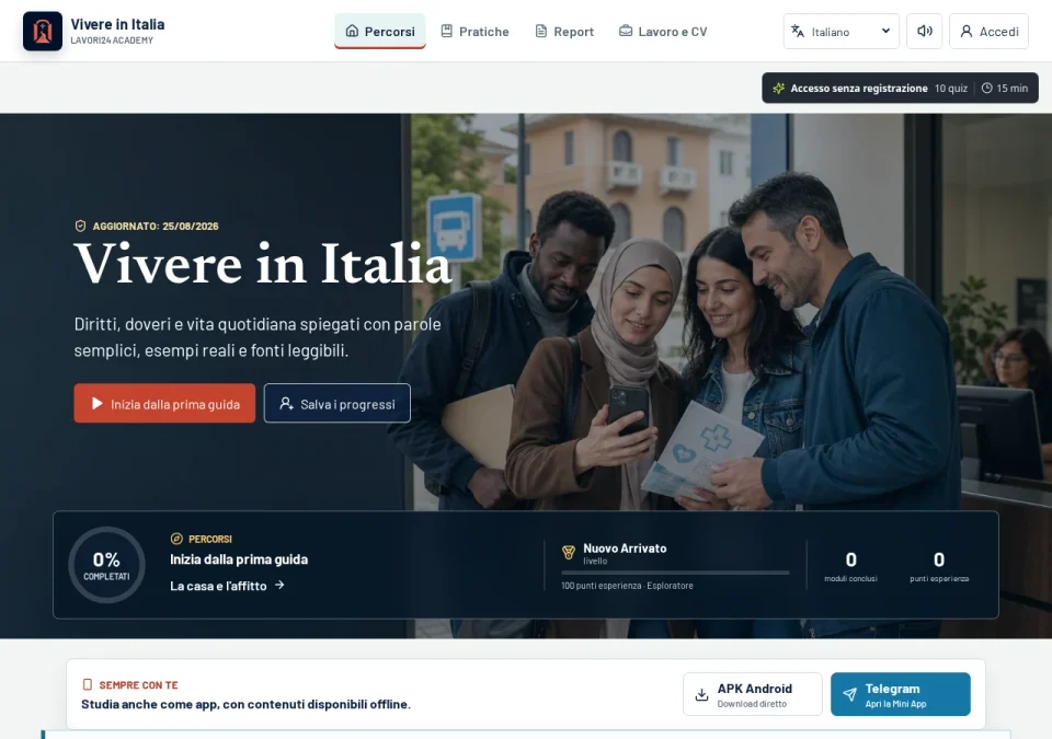 Interfaccia di Vivere in Italia, schermata iniziale senza un account personale collegato