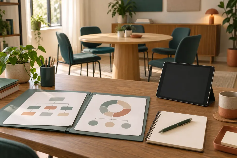 Materiali di lavoro e organizzazione dei servizi: illustrazione della direzione operativa, generata con AI