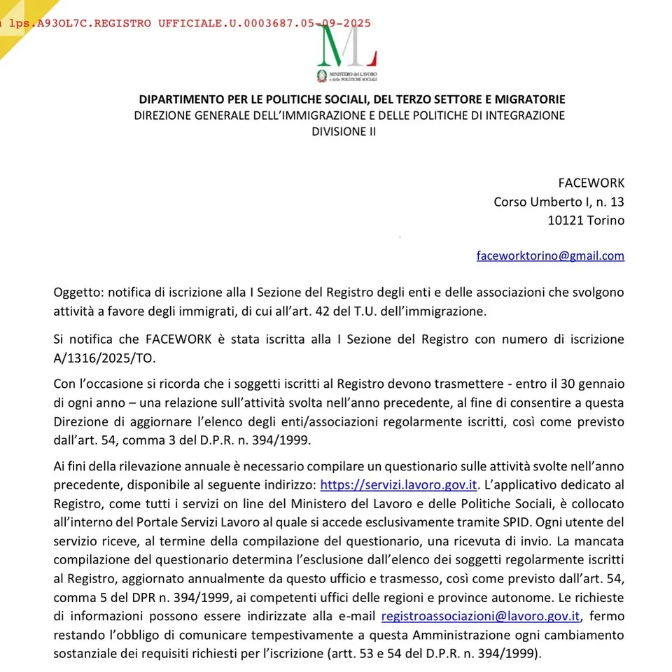 Ministerial notification shared by FACEWORK on 5 September 2025 : registration in Section I and reminder of the annual report.