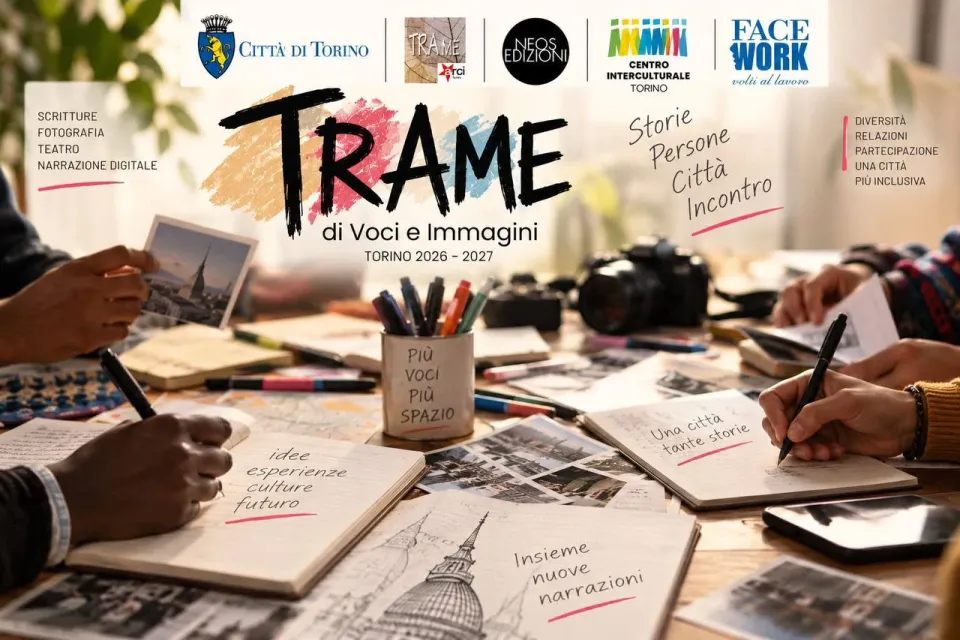 پوسٹر TRAME di Voci e Immagini، Turin 2026–2027 : تحریر، فوٹو گرافی، تھیٹر اور ڈیجیٹل کہانی سنانے۔