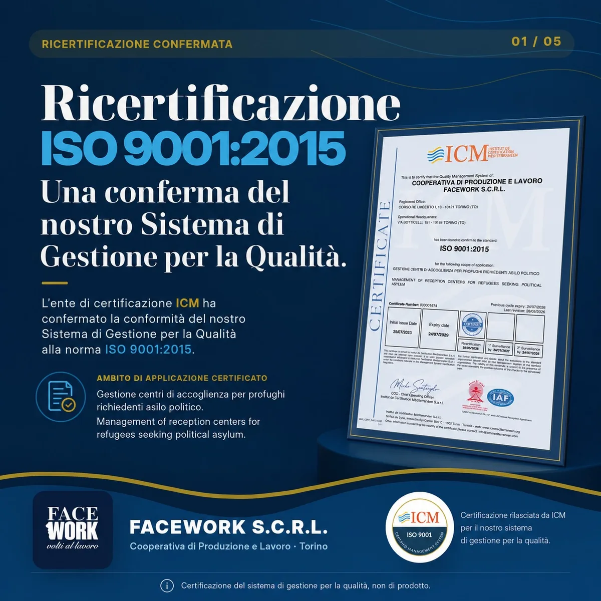 Comunicazione Facework sulla ricertificazione ISO 9001:2015